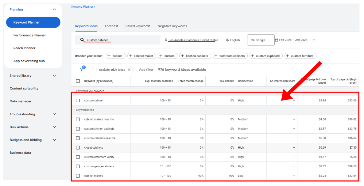 Keyword Ideas from Keyword Planner