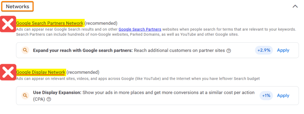 Disabling Google Networks and Partners