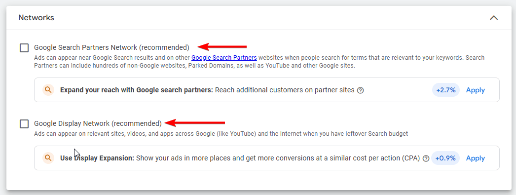 network settings for PPC campaign