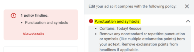Google Ads Policy Finding (Punctuation and Symbols)