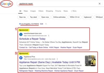 Google Search Result on Appliance Repair