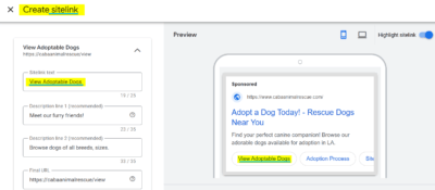 Sitelink for Dog Adoption Ad Copy