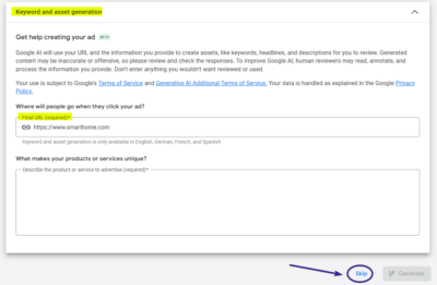 Keyword Asset Generation Button