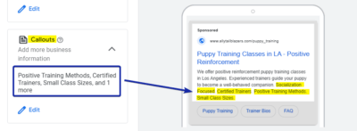 Callouts Ad Copy Sample for Puppy Training Ad Group