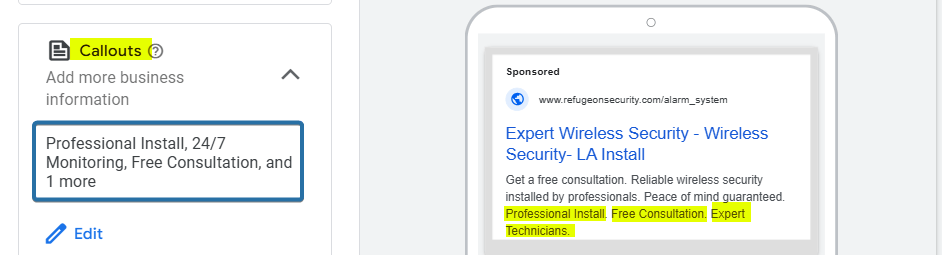 Callouts Ad Copy Sample