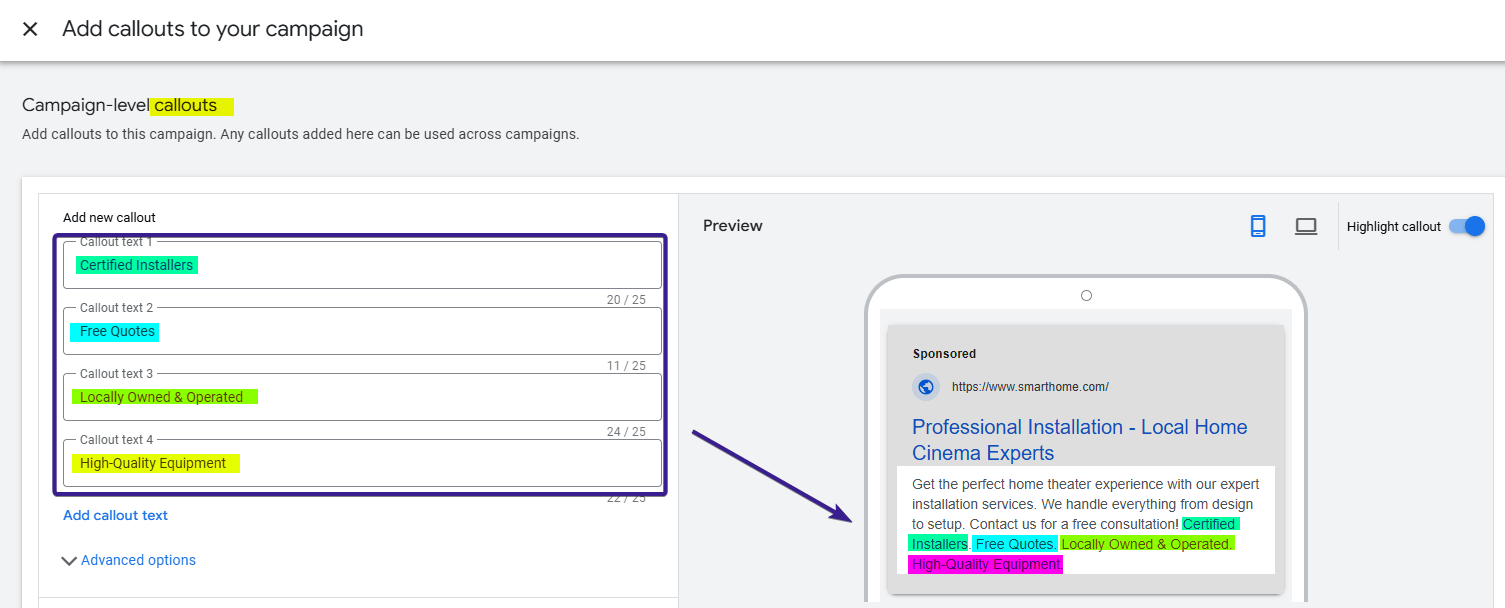 Callouts Ad Copy Sample