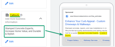 Callouts Ad Copy Sample for Driveways and Walkways Ad Group