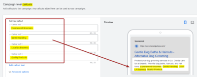 Callouts sample for Dog Grooming Ad Copy
