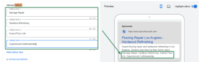 Callouts Ad Copy Sample for Google Ads For Flooring Services