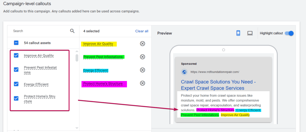 Callouts Ad Copy Sample
