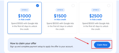 Google Ads New Advertiser Offer Claim Now Button