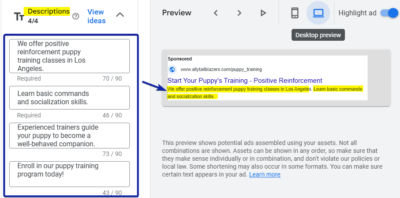 Descriptions Ad Copy Sample for Puppy Training Ad Group