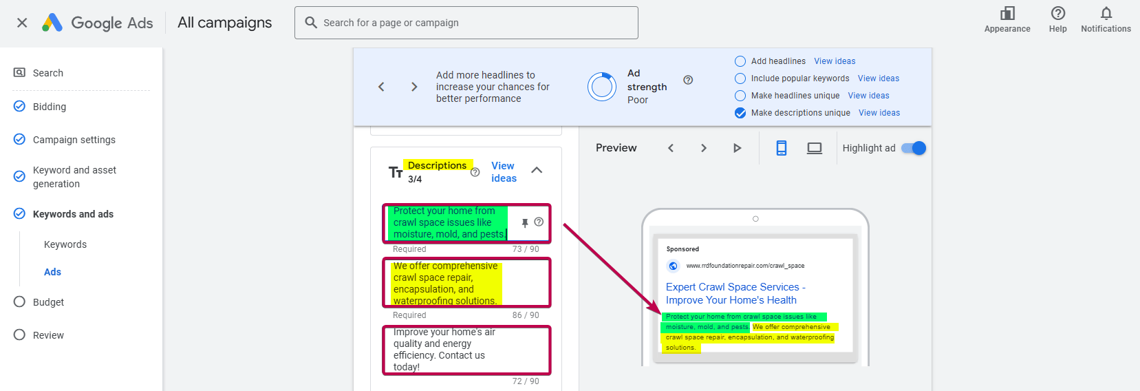 Descriptions Ad Copy Sample for Google Ads for Foundation Repair Services