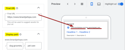 Final URL and Display Path Sample Ad Copy for Google Ads for Pet Groomers