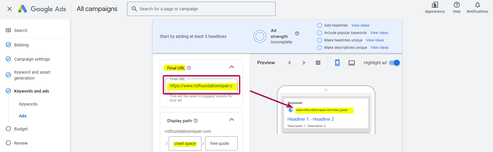 Final URL Ad Copy Sample 