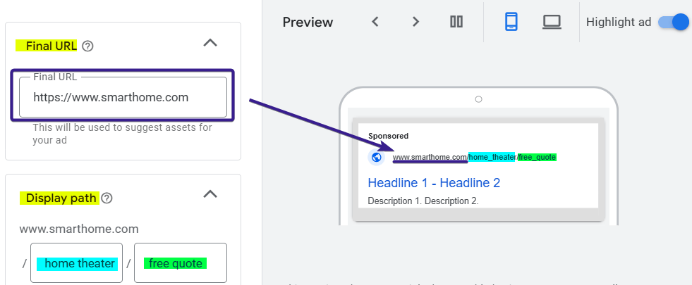 Final URL and Display Path Ad Copy Sample