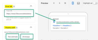 Final URL and Display Path Ad Copy Sample for Driveways and Walkways Ad Group
