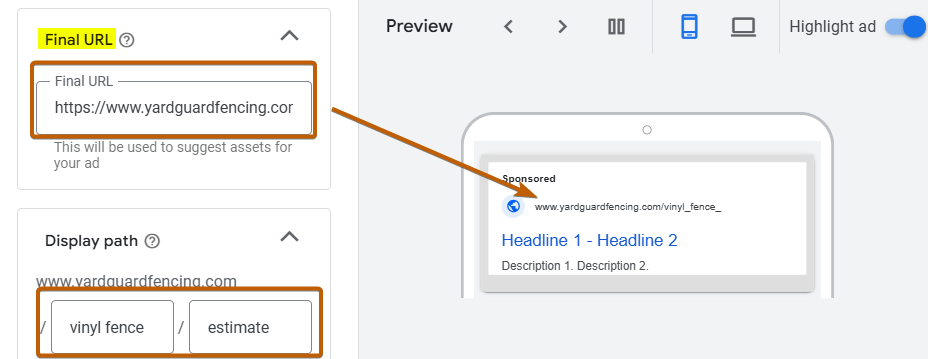 Final URL and Display Path Ad Copy Sample