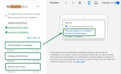 Headlines Ad Copy Sample for Google Ads For Flooring Services