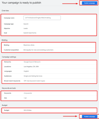 Publish Google Ads for Matchmakers Campaign