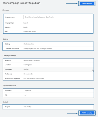 Google Ads Publish Campaign Button