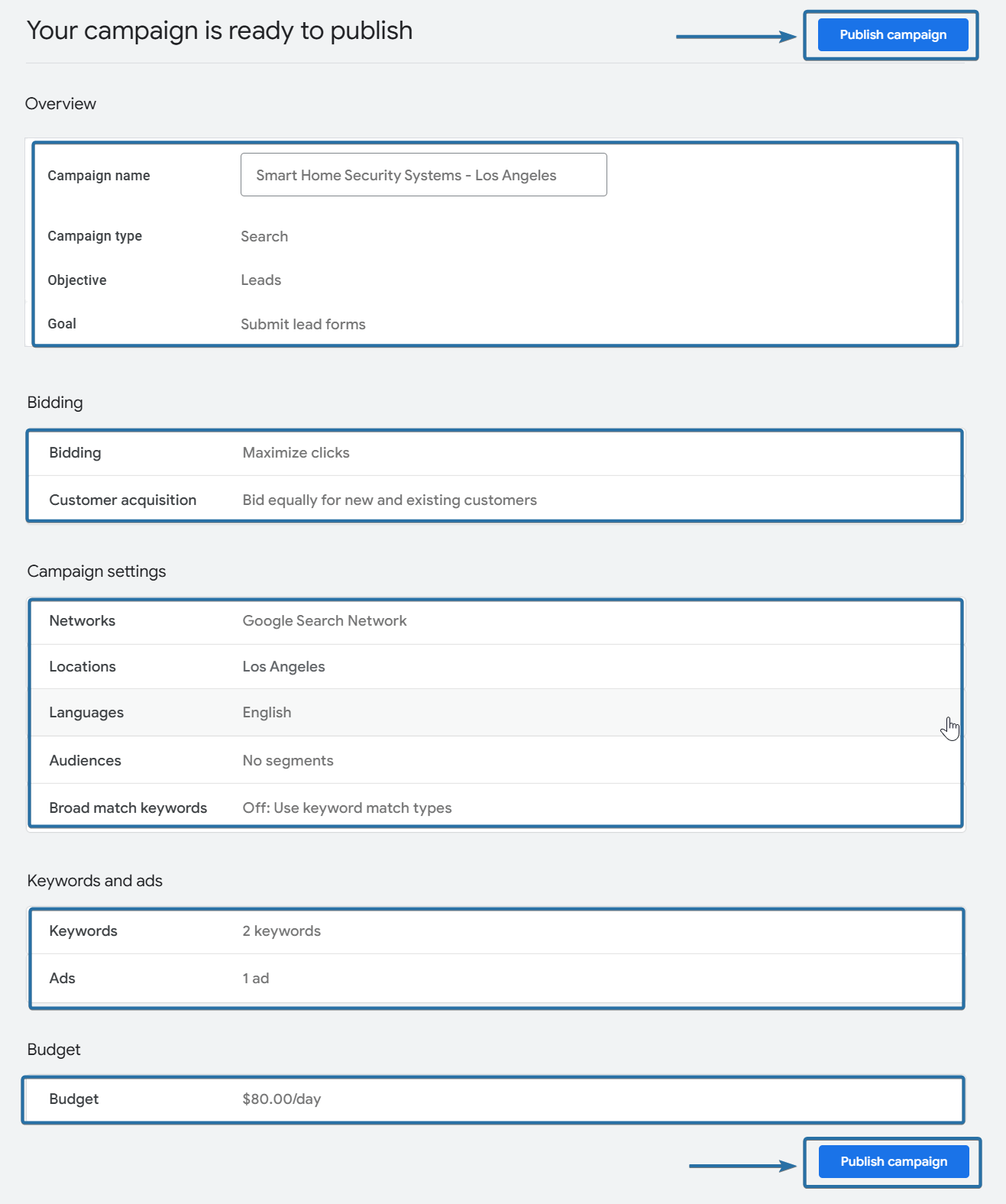 Google Ads Publish Campaign Button