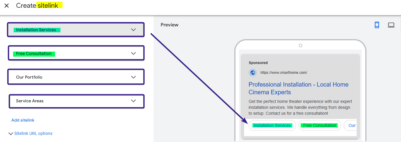 Sitelinks Ad Copy Sample