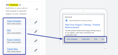 Sitelinks Ad Copy Sample for Puppy Training Ad Group