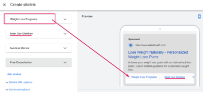 Sitelinks Ad Copy Sample