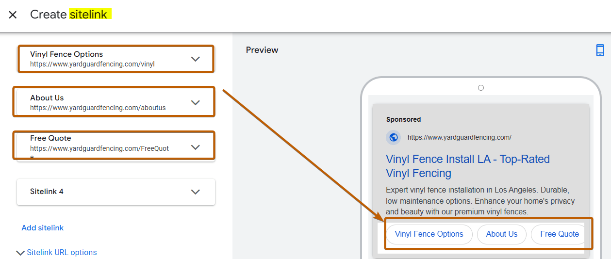 Sitelinks Ad Copy Sample