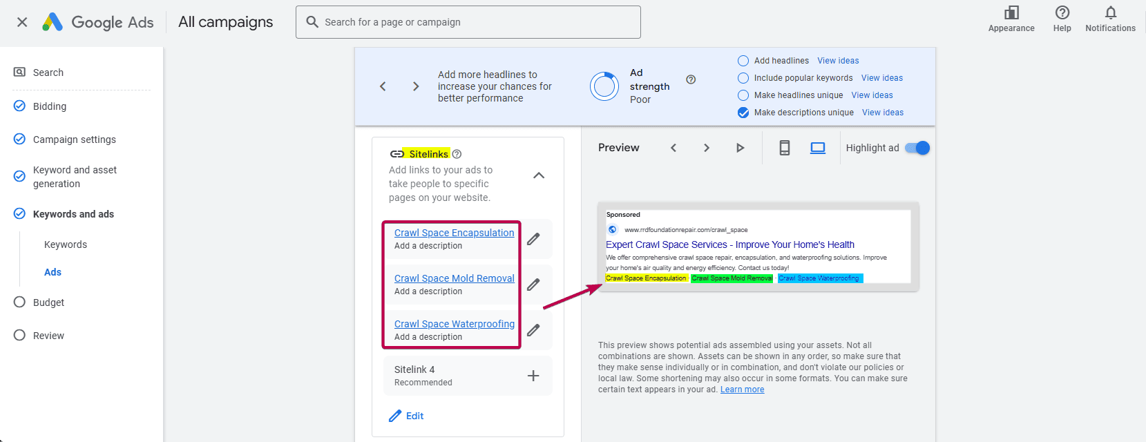 Sitelinks Ad Copy Sample 