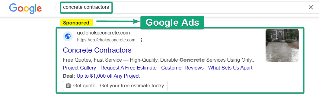 Google Ads Sample Search Result on Concrete Contractors