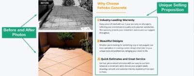 Unique Selling Proposition Landing Page Sample for Concrete Contractors