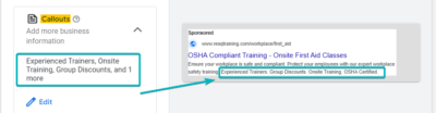 Callouts Ad Copy Sample for Google Ads for First Aid Trainers