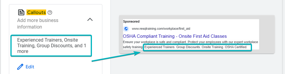 Callouts Ad Copy Sample for Google Ads for First Aid Trainers