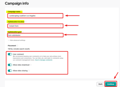 Campaign Name, Optimization Location and Goal 