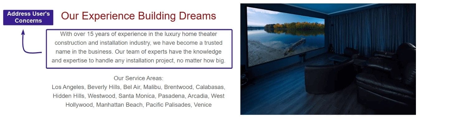 Address User's Concern Landing Page Example for Google Ads for Home Theater Companies