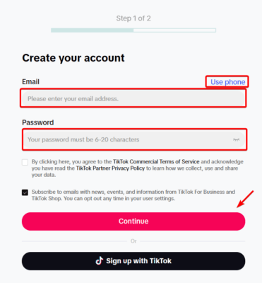 Create Tiktok Business Account Button