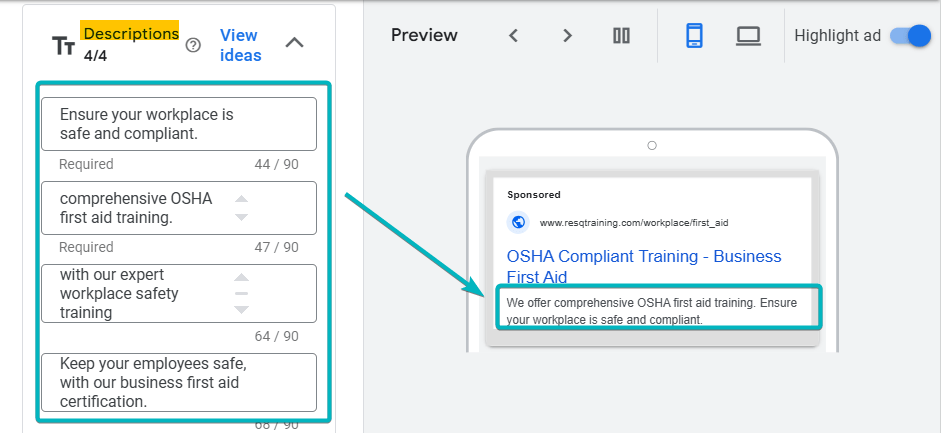 Descriptions Ad Copy Sample for Google Ads for First Aid Trainers