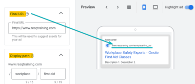 Final URL and Display Path Ad Copy Sample for Google Ads for First Aid Trainers