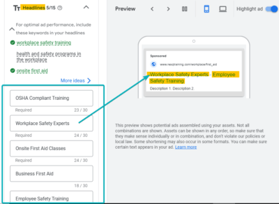 Headlines Ad Copy Sample for Google Ads for First Aid Training