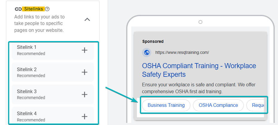 Sitelinks Ad Copy Sample for Google Ads for First Aid Trainers