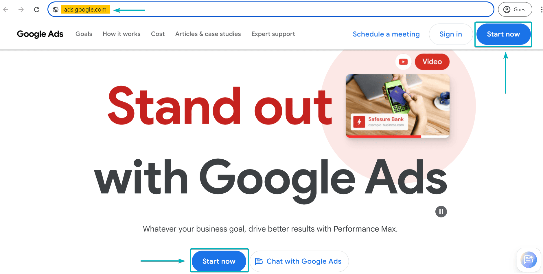 Google Ads Start Now Button