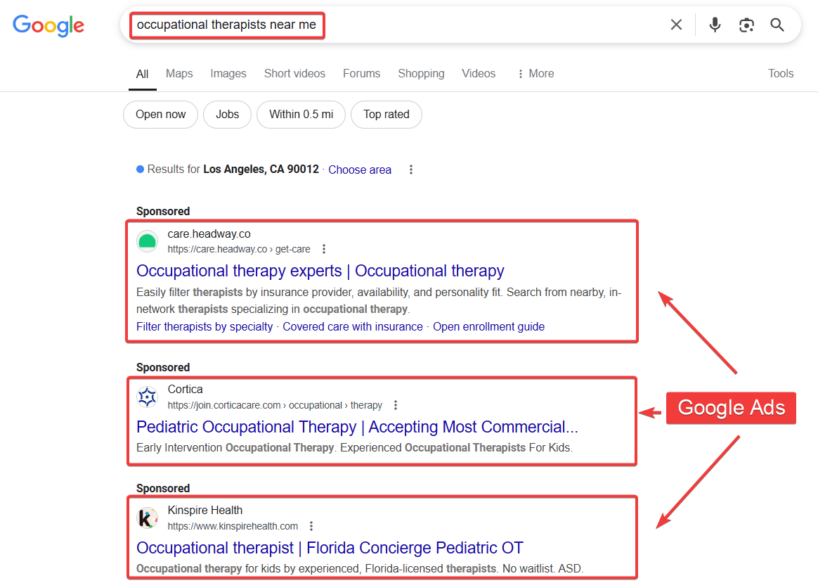 Google Ads for Occupational Therapists Search Result