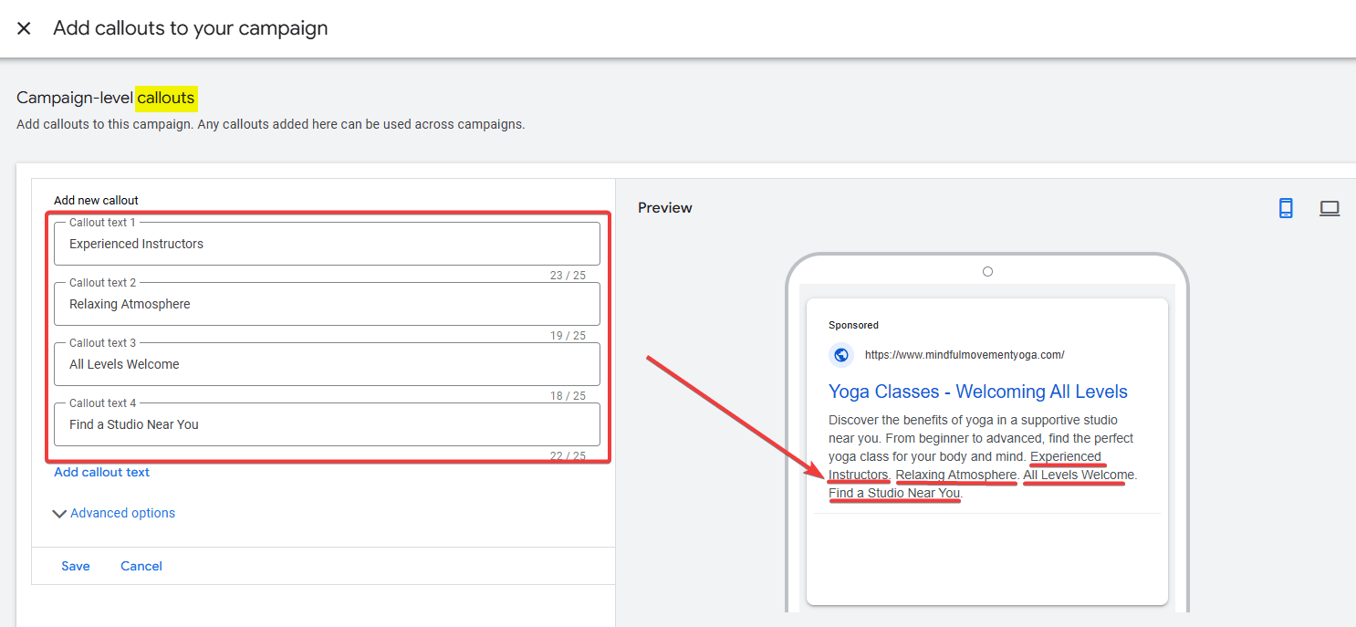 Google Ads copy Callouts Sample