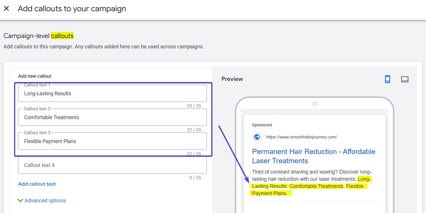 Ad Copy A/B Test Callouts 