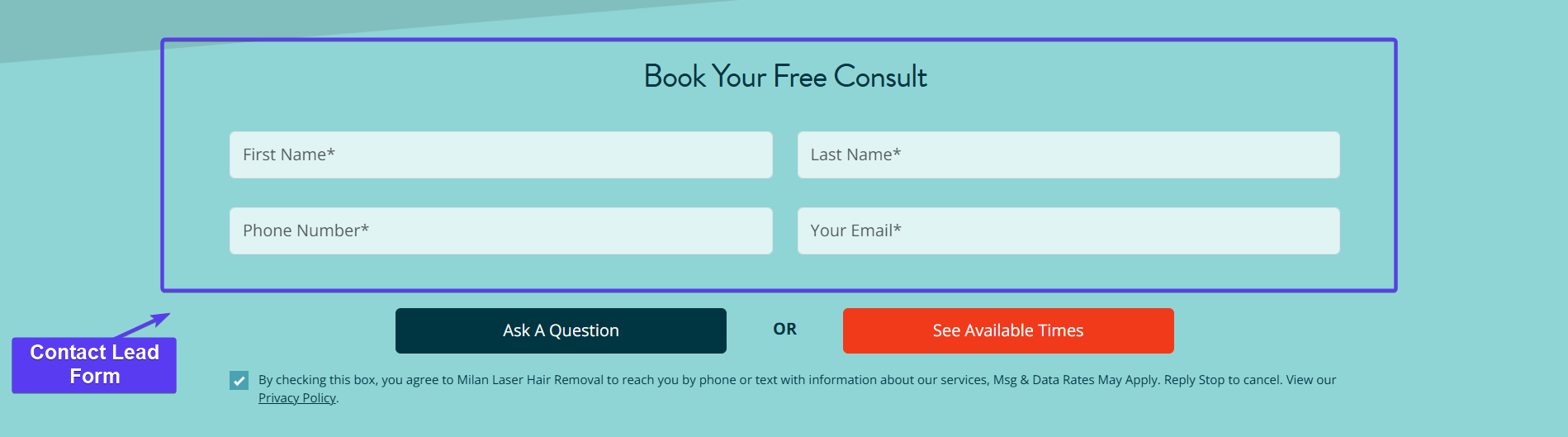 Google Ads for Hair Removal Businesses Landing Page Contact Lead Form Sample