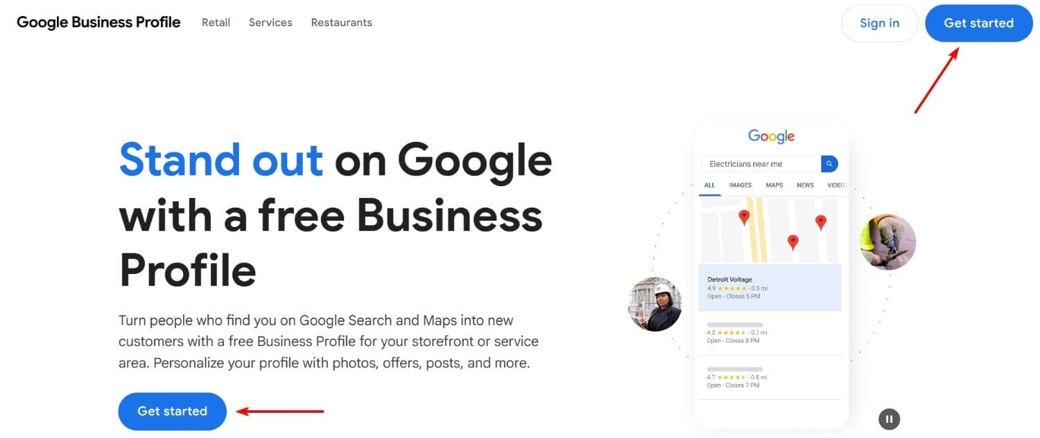 Google My Business Get Started Button