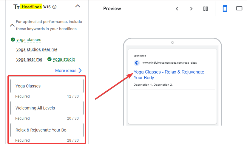 Google Ads copy Headlines Sample