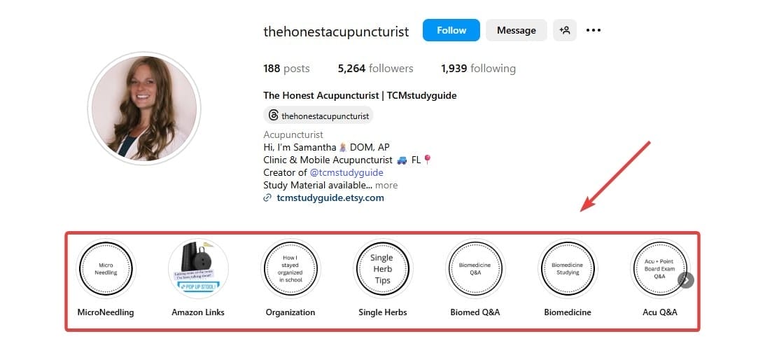 Instagram Highlights Acupuncture Profile Sample